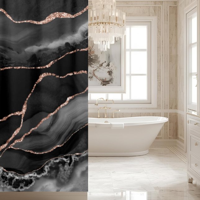 Posh Black Gray Rose Gold Marble Crystal Geode Shower Curtain (Creator Uploaded)