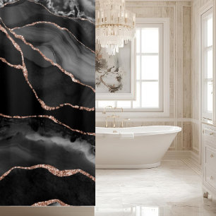 Posh Black Gray Rose Gold Marble Crystal Geode Shower Curtain