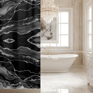 Posh Black Gray Silver Agate Marble Crystal Geode Shower Curtain