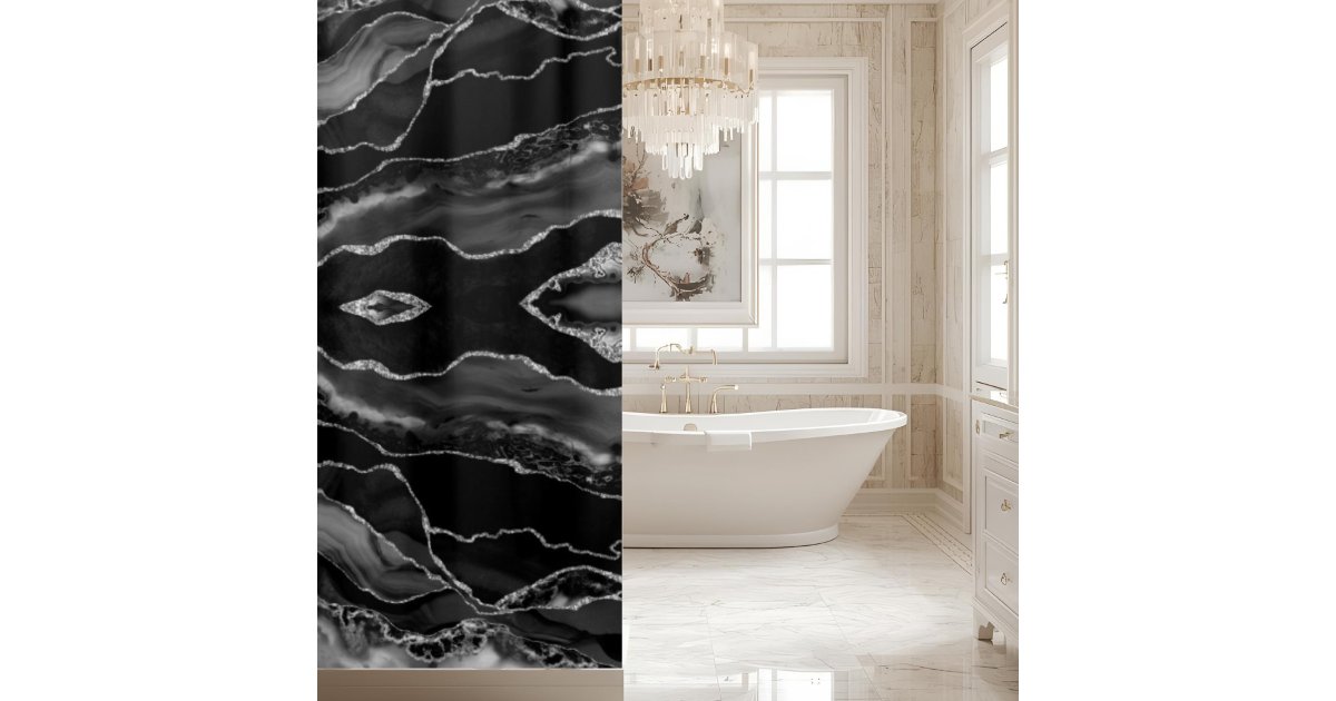 Posh Black Gray Silver Agate Marble Crystal Geode Shower Curtain | Zazzle