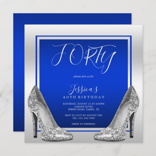 Posh Blue & Silver Stilettos 40th Birthday Invitation (Front/Back)