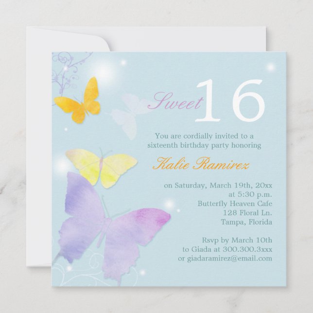 Posh Butterfly Pale Blue Sweet 16 Party Invitation (Front)