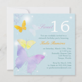 Posh Butterfly Pale Blue Sweet 16 Party Invitation