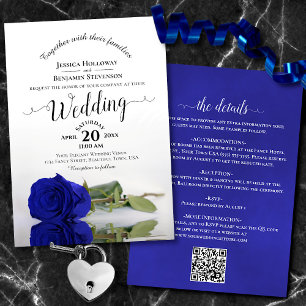 Posh Calligraphy Royal Blue Rose QR Code Wedding Invitation