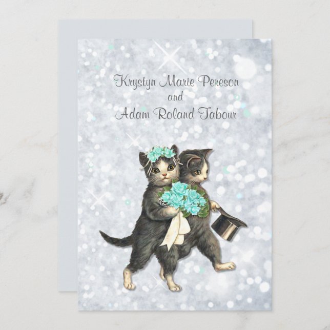 Posh Cats Aqua -Silver Sparkle Wedding Invitation (Front/Back)