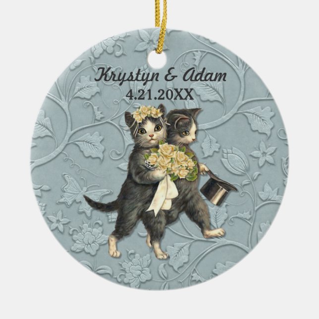 Posh Cats Wedding Blue Ceramic Ornament (Front)