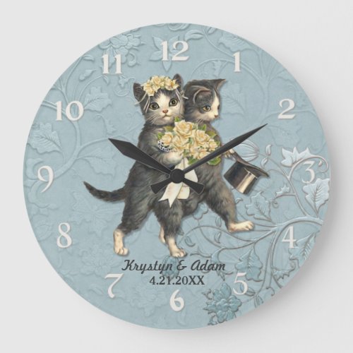 Posh Cats Wedding Blue Large Clock