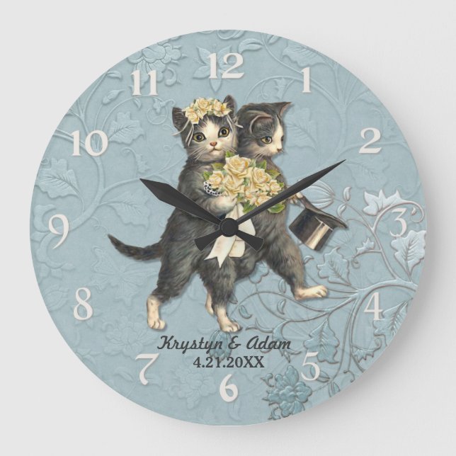 Posh Cats Wedding Blue Large Clock (Front)
