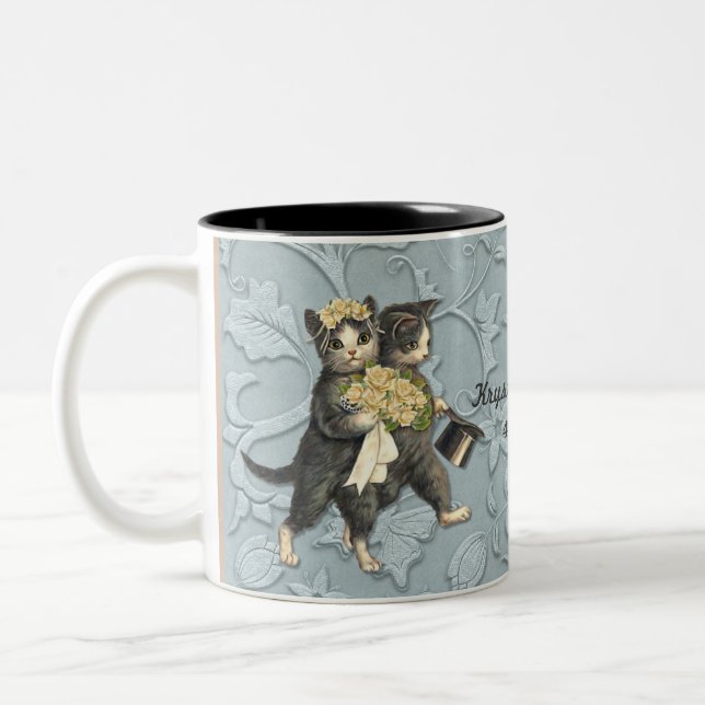 Posh Cats Wedding Blue Two-Tone Coffee Mug (Left)