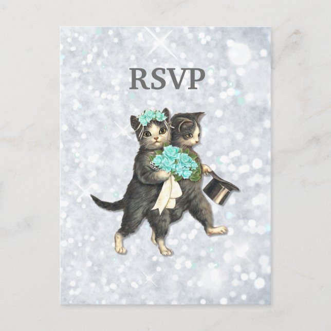 Posh Cats Wedding Silver Sparkle RSVP Invitation Postcard (Front)