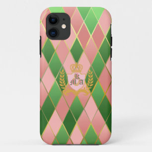 Posh Chic Pink and Green Argyle Monogrammed iPhone 11 Case