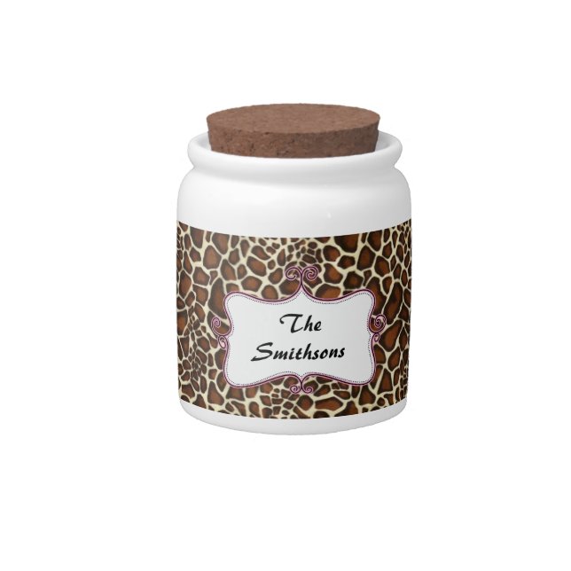 Posh chic trendy leopard print,pink personalized candy jar (Front)