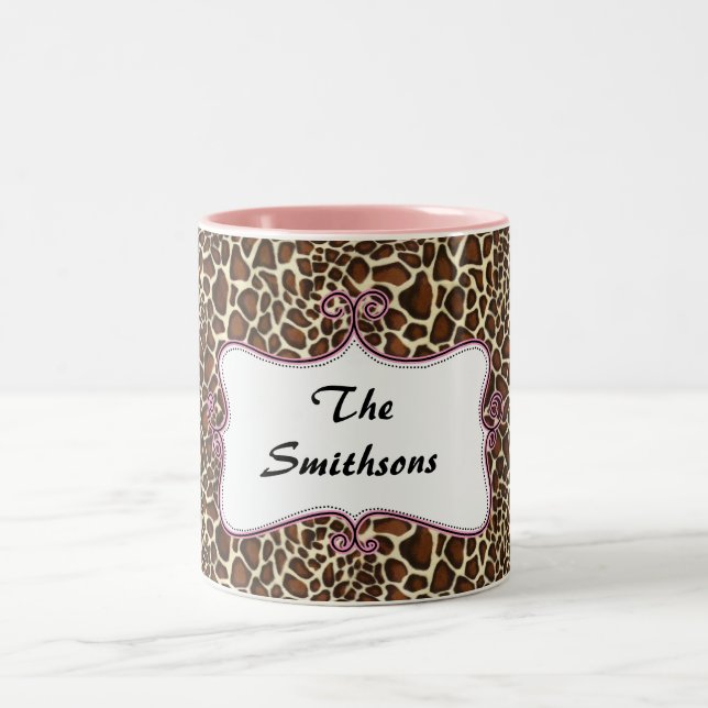 Posh chic trendy leopard print,pink personalized Two-Tone coffee mug (Center)