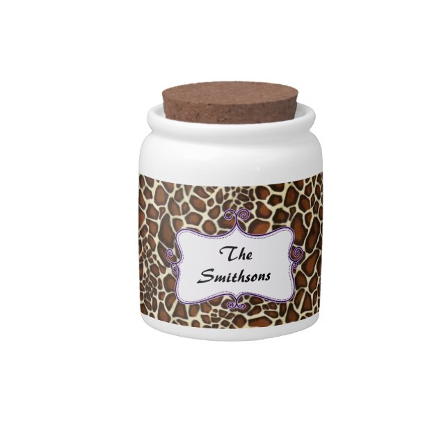 Posh chic trendy leopard print,purple personalized candy jar (Front)