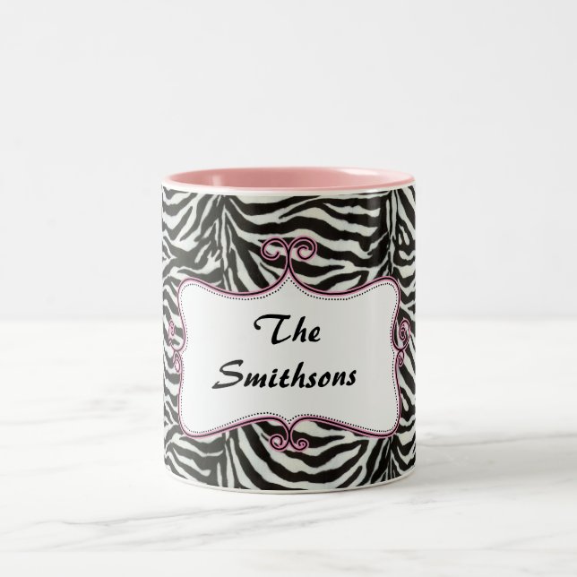 Posh chic trendy zebra stripes,pink personalized Two-Tone coffee mug (Center)
