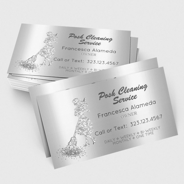 Posh Cleaning Service Metallic Silver Glitter Maid Business Card
