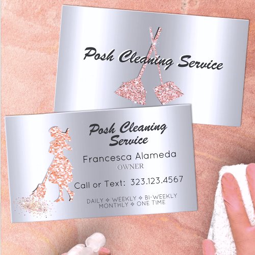 Posh Cleaning Service Metallic Silver Pink Glitter Business Card