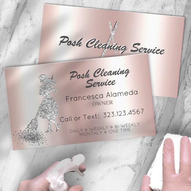 Posh Cleaning Service Pink Metallic Silver Glitter Business Card