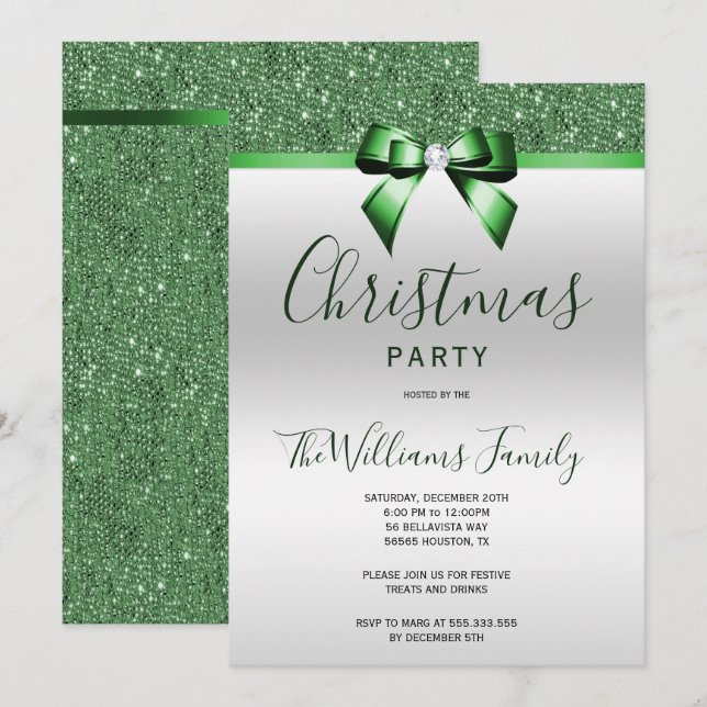 Posh Emerald Green Jewel Bow Christmas Party Invitation (Front/Back)