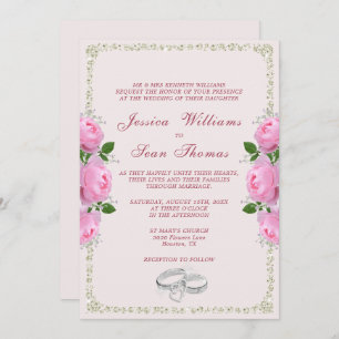 Posh Framed Diamond Rings & Pink Roses Wedding Invitation