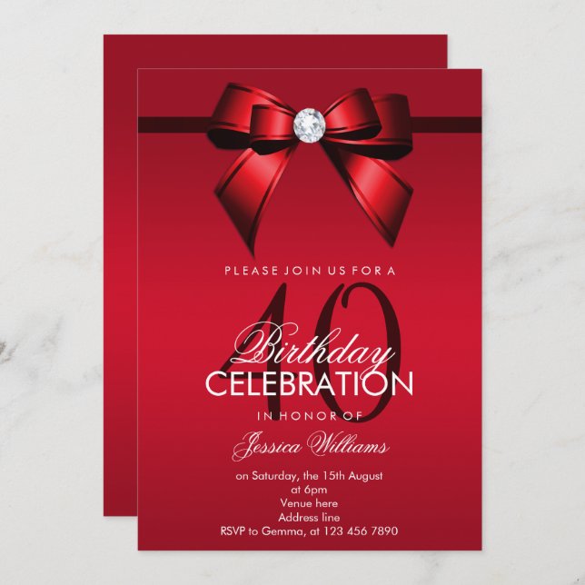 Posh Gem Bow & Ribbon 40th Birthday Invitation (Front/Back)