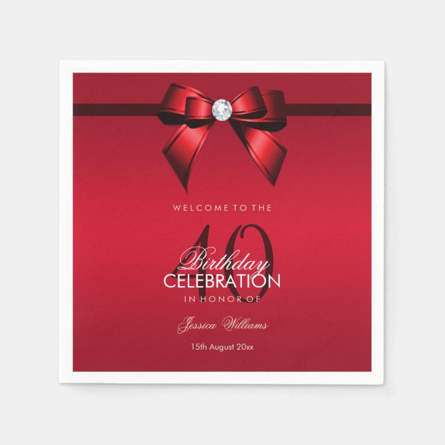 Posh Gem Bow & Ribbon 40th Birthday Napkins (Front)