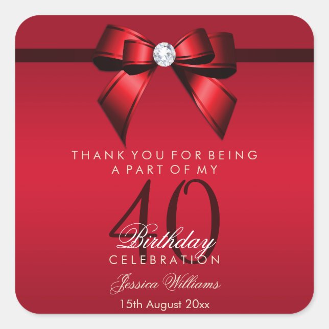 Posh Gem Bow & Ribbon 40th Birthday Square Sticker (Front)