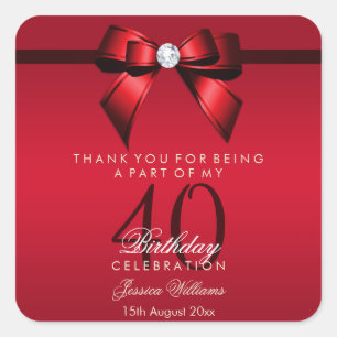 Posh Gem Bow & Ribbon 40th Birthday Square Sticker