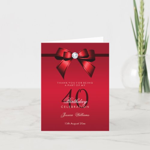 Posh Gem Bow  Ribbon 40th Birthday Thank You Card