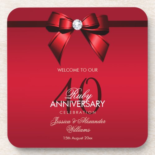 Posh Gem Bow  Ribbon 40th Wedding Anniversary Beverage Coaster