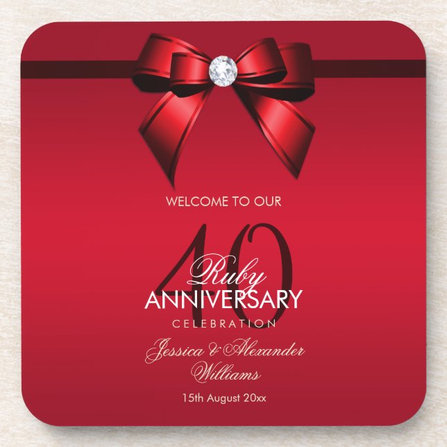 Posh Gem Bow & Ribbon 40th Wedding Anniversary Beverage Coaster (Front)