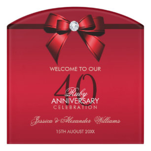 Posh Gem Bow & Ribbon 40th Wedding Anniversary Door Sign