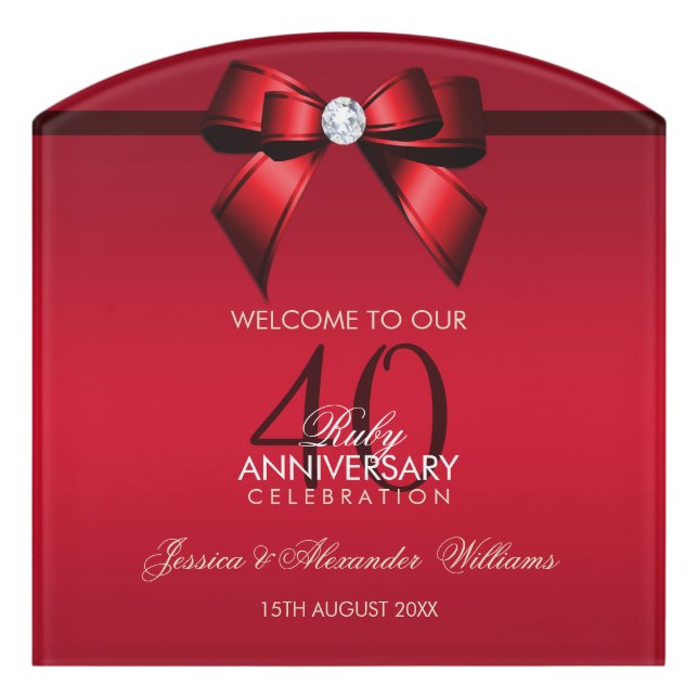 Posh Gem Bow & Ribbon 40th Wedding Anniversary Door Sign (Contour Front)