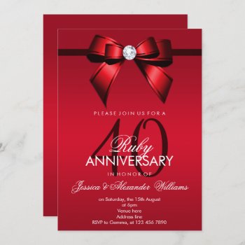 Posh Gem Bow & Ribbon 40th Wedding Anniversary Invitation by Sarah_Designs at Zazzle