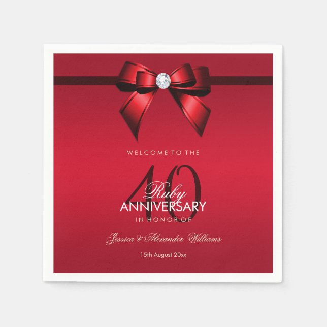 Posh Gem Bow & Ribbon 40th Wedding Anniversary Napkins (Front)