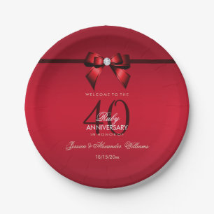 Posh Gem Bow & Ribbon 40th Wedding Anniversary Paper Plates