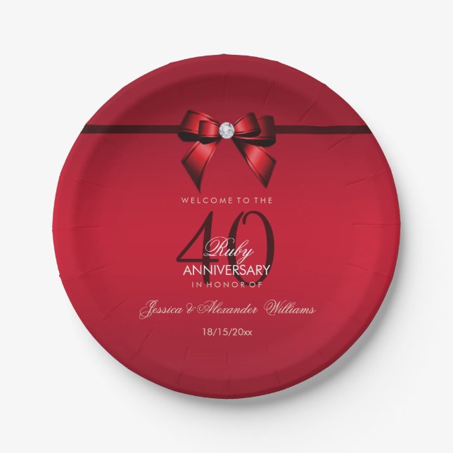 Posh Gem Bow & Ribbon 40th Wedding Anniversary Paper Plates (Front)