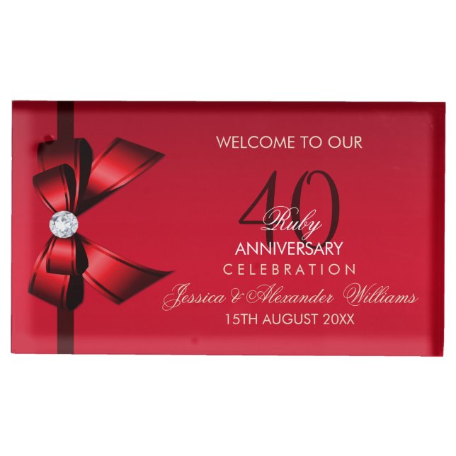 Posh Gem Bow & Ribbon 40th Wedding Anniversary Place Card Holder (Front)