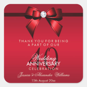 Posh Gem Bow & Ribbon 40th Wedding Anniversary Square Sticker