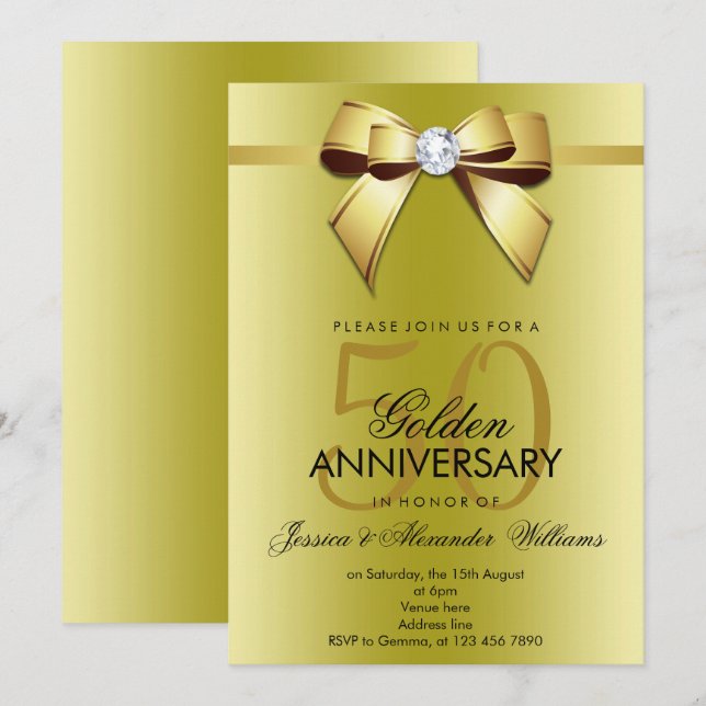 Posh Gem Bow & Ribbon 50th Wedding Anniversary Invitation (Front/Back)