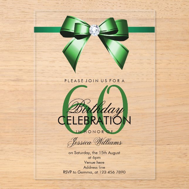 Posh Gem Bow & Ribbon 60th Birthday Acrylic Invitations (Front)