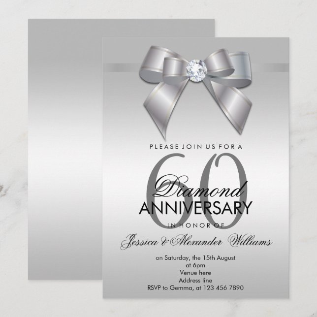 Posh Gem Bow & Ribbon 60th Wedding Anniversary Invitation (Front/Back)