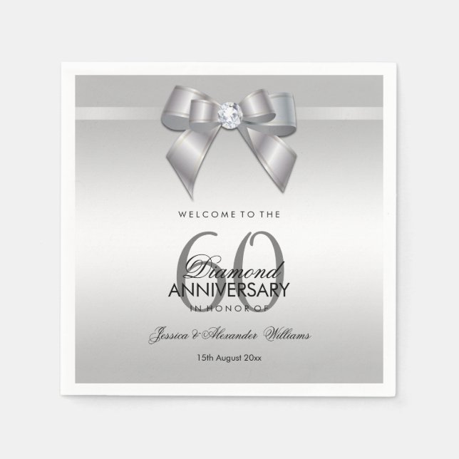 Posh Gem Bow & Ribbon 60th Wedding Anniversary Napkins (Front)