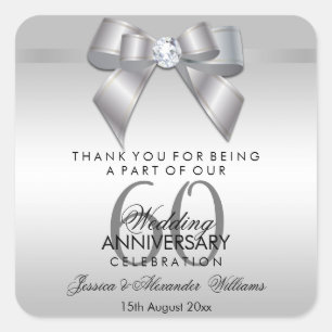 Posh Gem Bow & Ribbon 60th Wedding Anniversary Square Sticker