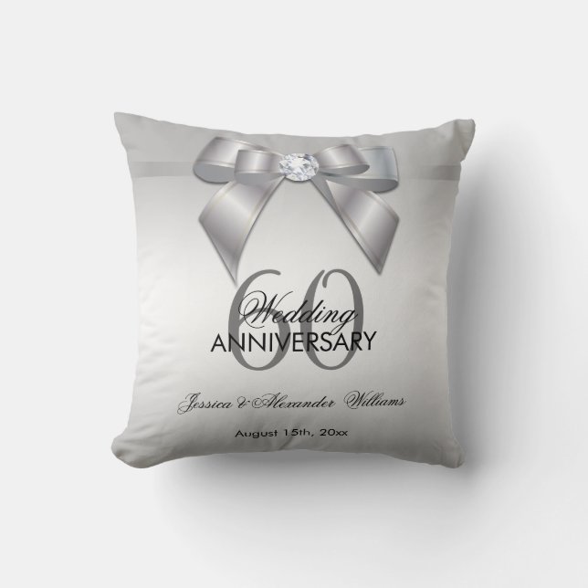 Posh Gem Bow & Ribbon 60th Wedding Anniversary Throw Pillow (Front)