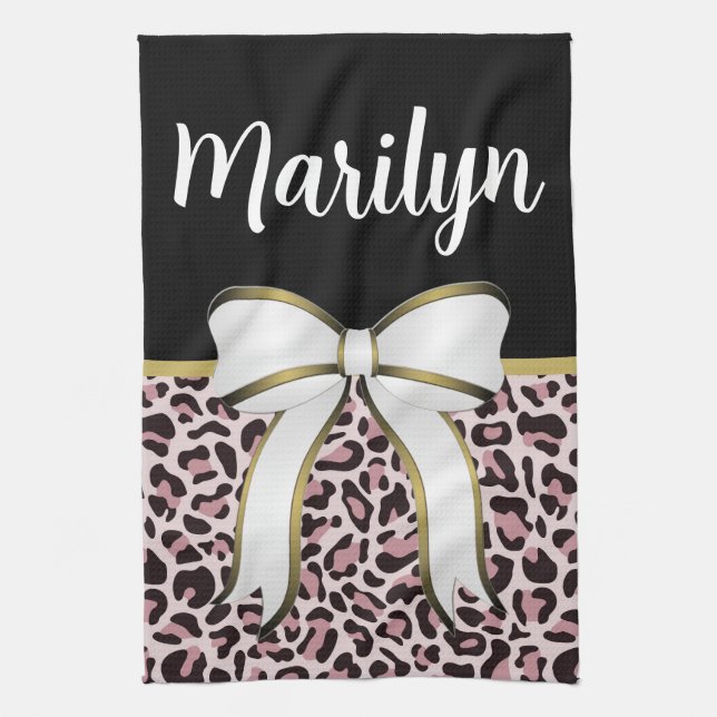 Posh Girly Pink Leopard Print Girly Custom Name Kitchen Towel (Vertical)