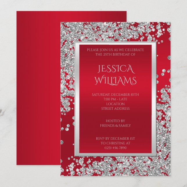 Posh Glitzy Diamonds & Ruby Red Birthday party Invitation (Front/Back)
