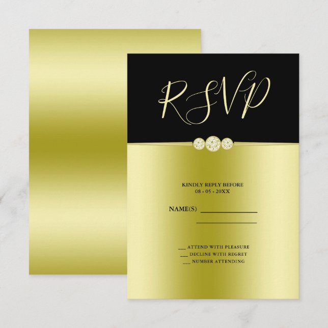 Posh Gold & Black Elegant Diamonds Birthday RSVP Card (Front/Back)