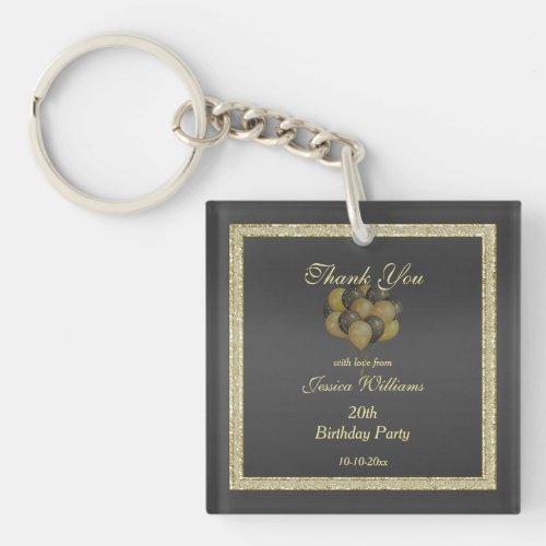 Posh Gold  Black Glitter  Balloons Birthday Keychain