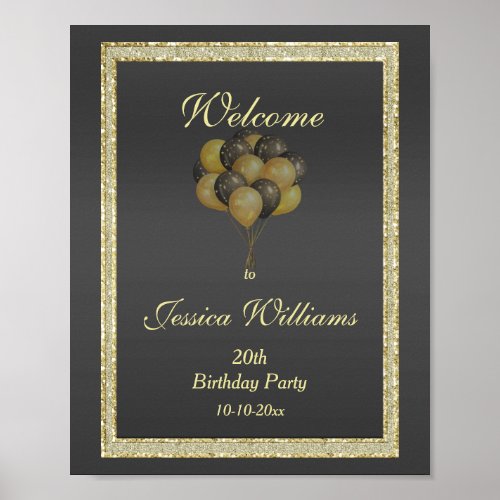 Posh Gold  Black Glitter  Balloons Birthday Poster